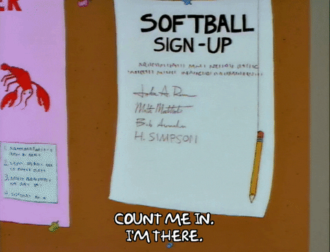 cartoon image of people signing softball sign-up sheet