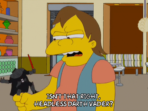 Nelson Muntz from the Simpsons holds a broken figurine and says