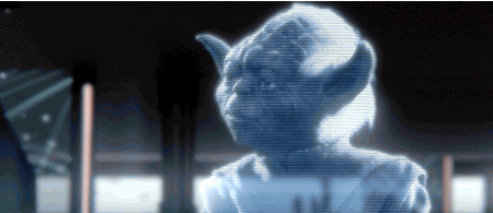 Mestre Yoda, via holografia, refletindo e dizendo a frase: "Great care, we must take (muito cuidado devemos ter)"