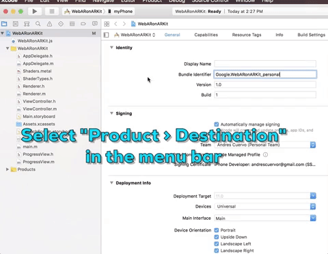 GIF showing how to set the build destination!