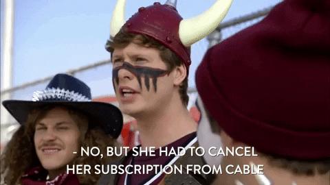 Friends in costume talking about having to cancel a subscription for a month