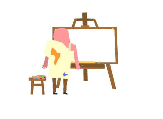 a painter sketching a smiling animal on a blank canvas