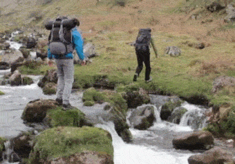 GIF of guy following a planned path across a waterfall and falling and hitting several rocks