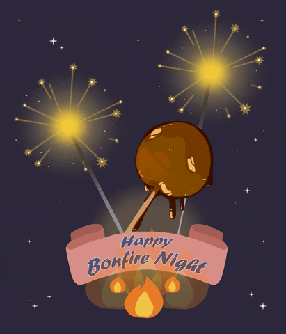 Happy bonfire night in yellow text with images of a small bonfire fireworks and toffee apple
