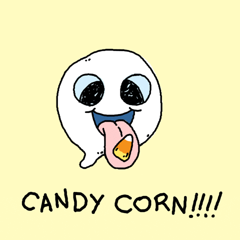 Gif of little ghost eating candy corn, enjoying and then hating it