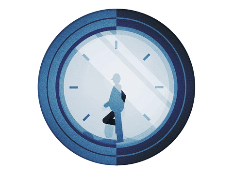Animation of a man running around inside an analogue clock.