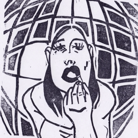 woman applying lipstick linocut print gif