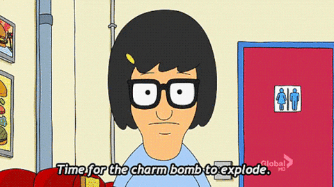 Tina Belcher from Bob's Burgers saying time for the charm bomb to explode while flipping her hair