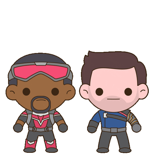 Chibi-style cartoon Sam and Bucky, with question marks flashing above their heads as they look first at each other, then face forwards