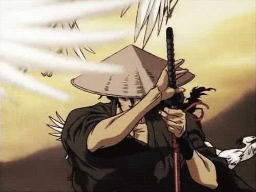 ninja scroll anime character with birds flying in the background