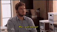 Andy from Parks and Recreation in an interview saying: What's great about you? I'm nice!