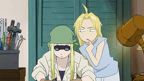 Winry and Edwawrd in Full Metal Alchemist.