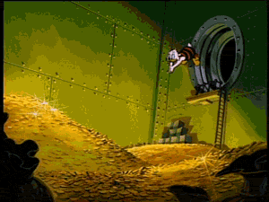 rico mc pato echándose un clavado en su bóveda llena de monedas de oro y dinero