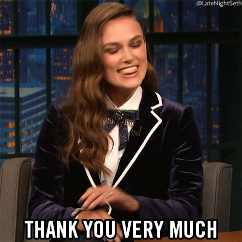 Keira Knightley Thank You GIF by Late Night with Seth Meyers - Find & Share on GIPHY