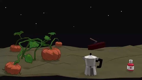 Pumpkins and vines in a dark field beside a moka pot
