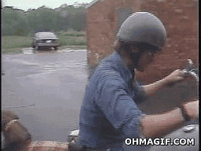 A gif of a dog wearing glasses and a bandana climbing up behind its owner on a motorcycle