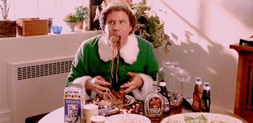 Will Ferrell as Buddy the Elf slurping spaghetti