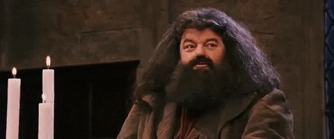 Hagrid from Harry Potter clapping, being excited, and shouting 'Yes!'