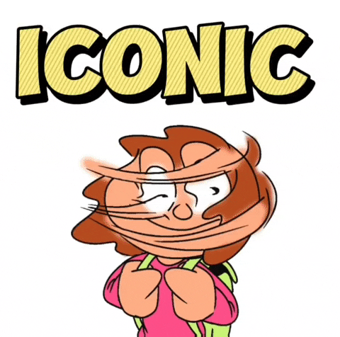 a girl with a backpack standing underneath the word "iconic"