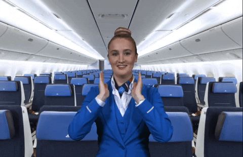 Flight stewardess showing the security exits with her arms