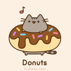 A gif of Pusheen the cat in a chocolate donut.