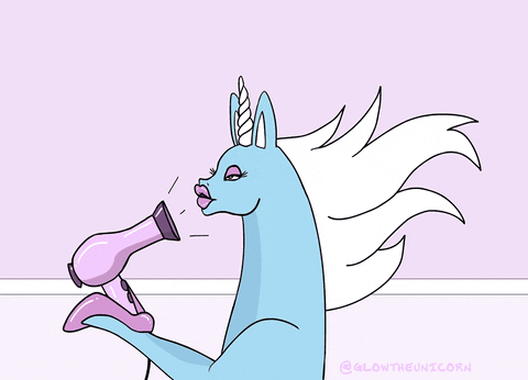 Unicorn with a beautiful hair holding a hair dryer
