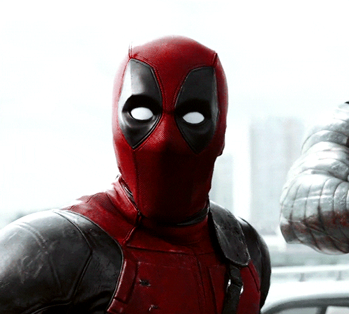 Deadpool doing a gasp-y face by bringing his hands up to his face