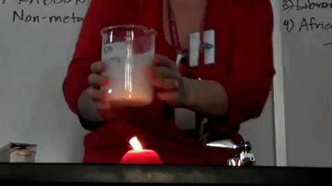 CO2 producido de la mezcla de bicarbonato y vinagre apaga una vela al ser mas pesado que el aire y desplazar el Oxígeno..