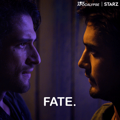 two men dramatically staring at each other, saying "fate."