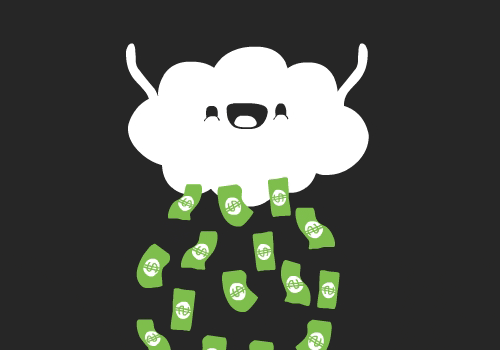 Cartoony, anthropomorphized, cloud literally making it rain dollar bills.