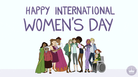 Gif drawing of a diverse group of women saying Happy International Women's Day