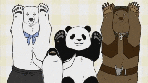 From left to right, a polar bear, a penguin, a panda bear, and a grizzly bear are dancing back and forth, flapping their hands near their face. The polar bear is wearing an apron and blue scarf. The grizzly bear is wearing a leather jacket, cross neckless and goggles