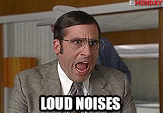 GIF of Brick from Anchorman yelling with a caption saying "loud noises".