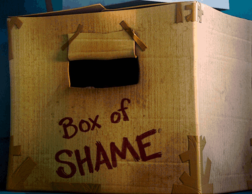 GIF of someone looking out of a cardboard box labeled 'box of shame'