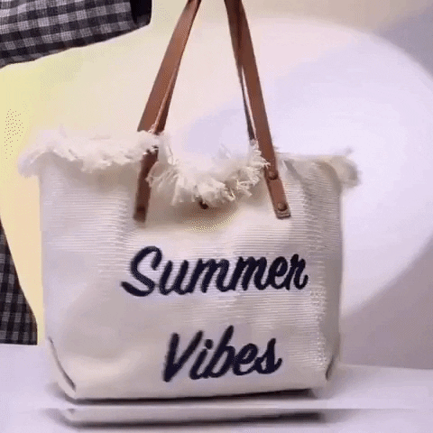 women summer vibes beach tote bag with raw edges and PU handles