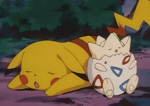 Animated gif of Pokemon characters Pikachu and Togepi sleeping and snoring