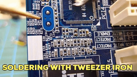 The tweezer soldering iron SMD have two heated tips can applied ends of the electronics component