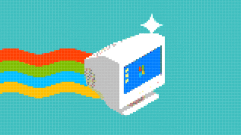 animação em pixel arte de um computador antigo com a tela do inicial do Windows voando e deixando um rastro de arco-íris para trás