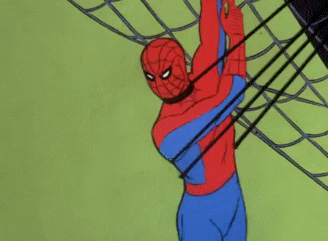 Cartoon animation of Spiderman shooting web from his wrists.
