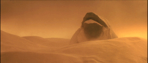 Scene from Dune where a giant sandworm breaks the surface 