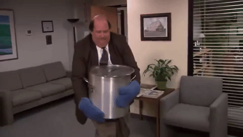 The Office: Kevin Malone carries a big pot of chili across the office, trips and spills it all over the carpet