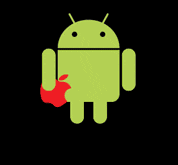 Robô do Android comendo uma maçã igual à do logotipo da Apple