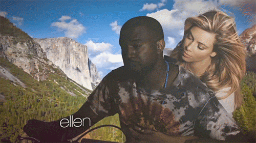 Gif of Kanye West and Kim Kardashian on a motorbike in front of a green screen which has a mountainous background. 