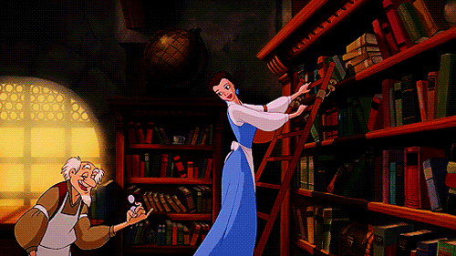 disney beauty and the beast belle in a bookstore