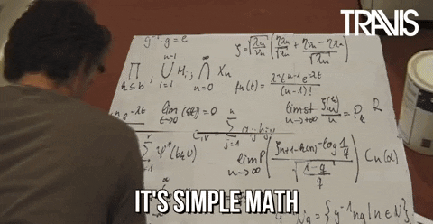 homem resolvendo um problema matemático em uma cartolina cheia de contas dizendo em inglês "isso é matemática básica"