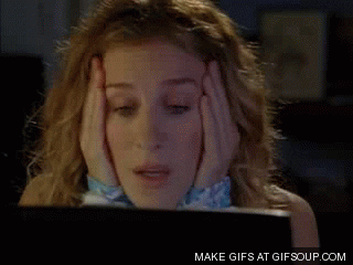 Carrie Bradshaw has to think of something to write. Animated GIF.