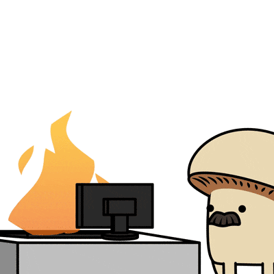 Animação de um cogumelo de bigode olhando um computador pegar fogo