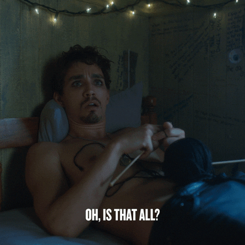 Klaus Hargreeves (Robert Sheehan) lying in bed and knitting: oh, is that all?