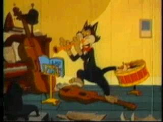 Cartoon cat playing some jazz instruments