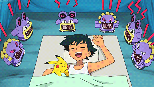 Pikachu and Ash sleeping well even with several alarm clocks making noises
